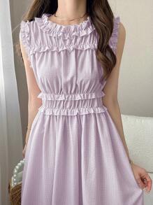 FRIFUL Đầm kẻ caro cổ tròn chữ A trang trí bo gấu cho nữ - Màu tím hoa cà - Xem 4