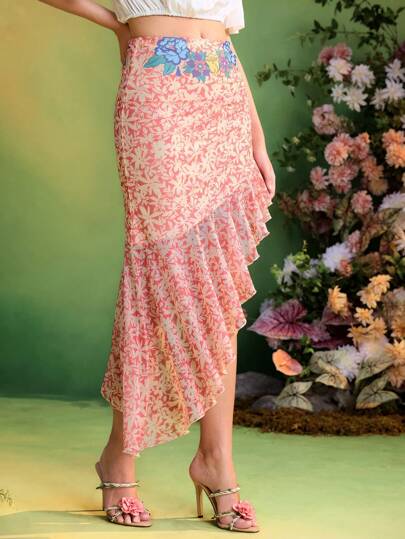 Frida Kahlo X SHEIN X Designer The Perfect Party Floral Print Asymmetrical Ruffles Mesh Skirt For Women Summer Vacation Holiday Beach