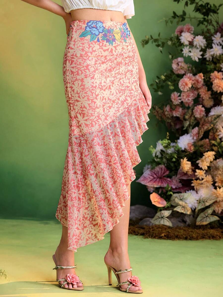 Frida Kahlo X SHEIN X Designer The Perfect Party Floral Print Asymmetrical Ruffles Mesh Skirt For Women Summer Vacation Holiday Beach