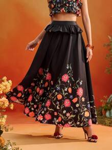 Frida Kahlo X SHEIN X Designer Oxana Black Floral Print Ruffle Waist Flowy A-Line Elegant Skirt For Women Holiday Summer