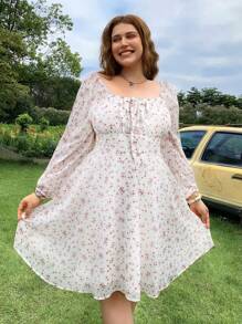 SHEIN EZwear Plus Size Front Drawstring Long Sleeve Woven Fitted Dress For Autumn/Winter - White - View 2