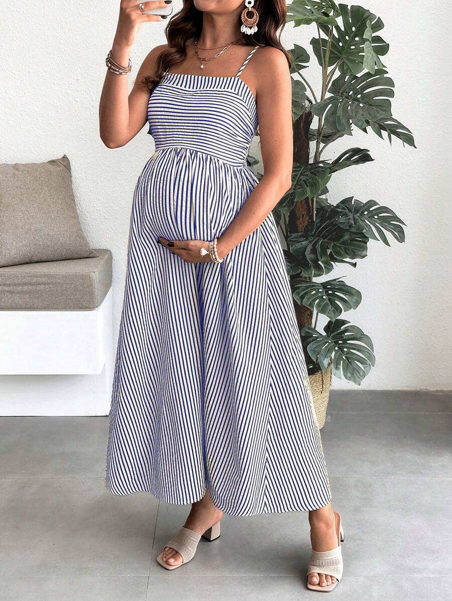 SHEIN Maternity Summer Vacation Style Striped Print Waist Cinching Strap Dress - Blue and White - View 1