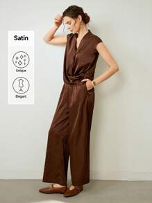 Uhlyne Bộ đồ 2 món cho nữ, gồm áo crop top dệt xếp ly cổ chữ V và tay lửng, quần ống đứng trơn, thanh lịch khi đi làm, mùa hè - màu nâu - Xem 8