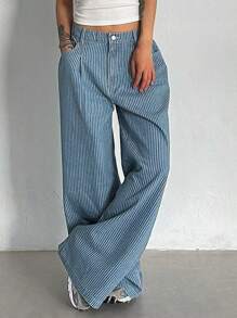DAZY 女式蓝白条纹宽松休闲牛仔裤，夏季，返校服装 - 藍色 - 查看 2
