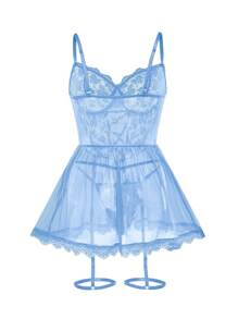 SHEIN 3 件套女士纯色网眼拼接蝴蝶结装饰性感内衣套装（钢圈吊带裙、可拆卸吊袜带、丁字裤）适合外出 - 淺藍色 - 查看 7