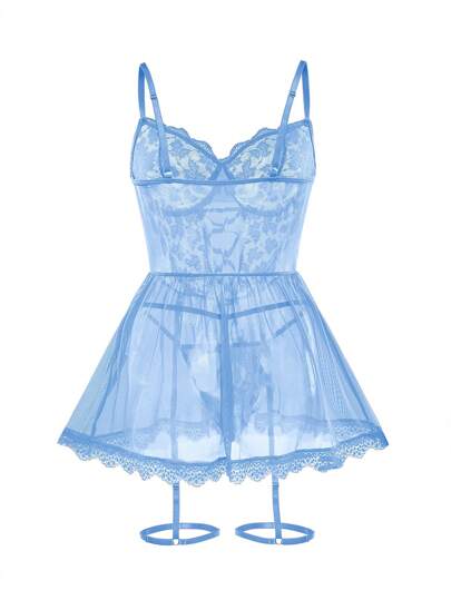 Mesh Splice Bow Verleidelijke Lingerie Set (Underwire Slip Dress, Removable Garter Belt, Thong) Going Out view 7