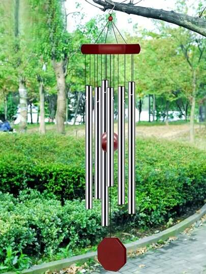 1pc Classic Silver Aluminum Tube Wind Chime Tag With 6 Metal Tube Bells, Handmade Wooden Wind Chimes, Suitable For Outdoor Patio/Balcony, Anniversary/Birthday/Thanksgiving/Mother's Day Gift, Decoration For Porch/Balcony/Entryway/Garden