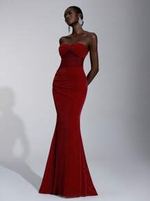 Elitara Elegant,,Formal,Evening,Prom,Red,Spring,Elastic Glitter Mesh,See-Through,Slim Fit,Fishtail Hem,Small Train,Bridesmaid Dress,Wedding Events - Red - View 5