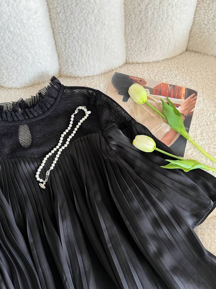 Ladies' Summer Round Neck Fabric Splice Short Sleeve Pleated A-Line Dress, Loose Casual Elegant Pullover Blouse