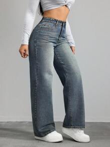 SHEIN ICON 大码休闲日常穿搭纽扣后松紧腰直筒牛仔裤 - 藍色 - 查看 3