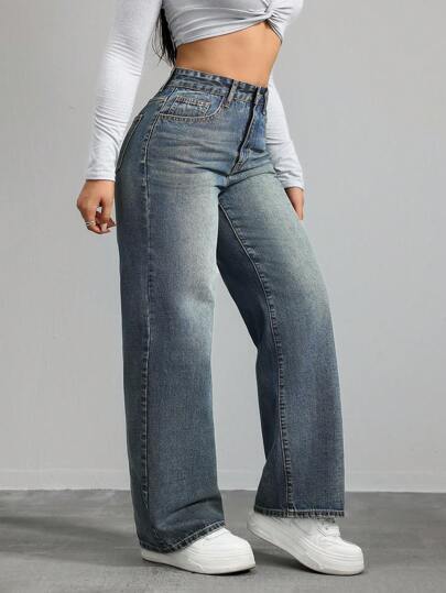 SHEIN ICON Plus Size Casual Daily Use Button-Back Elastic Waist Straight Jeans