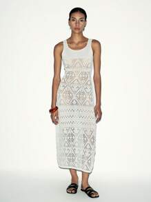 Lumivelle 女士优雅纯色针织镂空细肩带方领中长款毛衣连衣裙 - 白色 - 查看 6