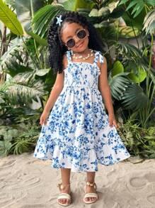 SHEIN Leap Crew Young Girl Ditsy Floral Ruffle Trim Suspender Tween Dress - Blue and White - View 1