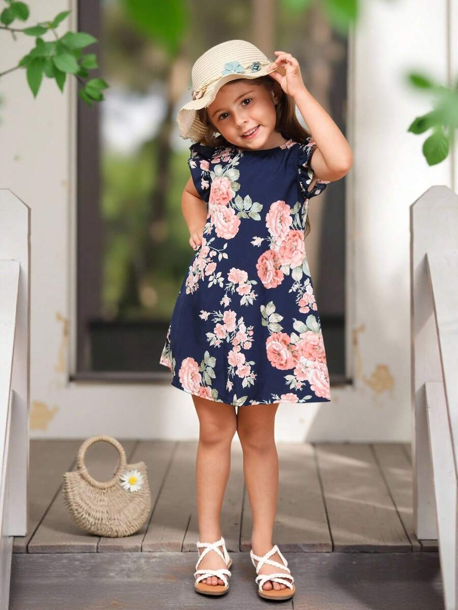 SHEIN Leap Crew 女童花卉印花蝴蝶袖連衣裙