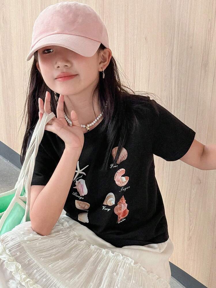 Tween Girls Round Neck Print Short Sleeve Knitted T-Shirt, Autumn,Back To School Clothes