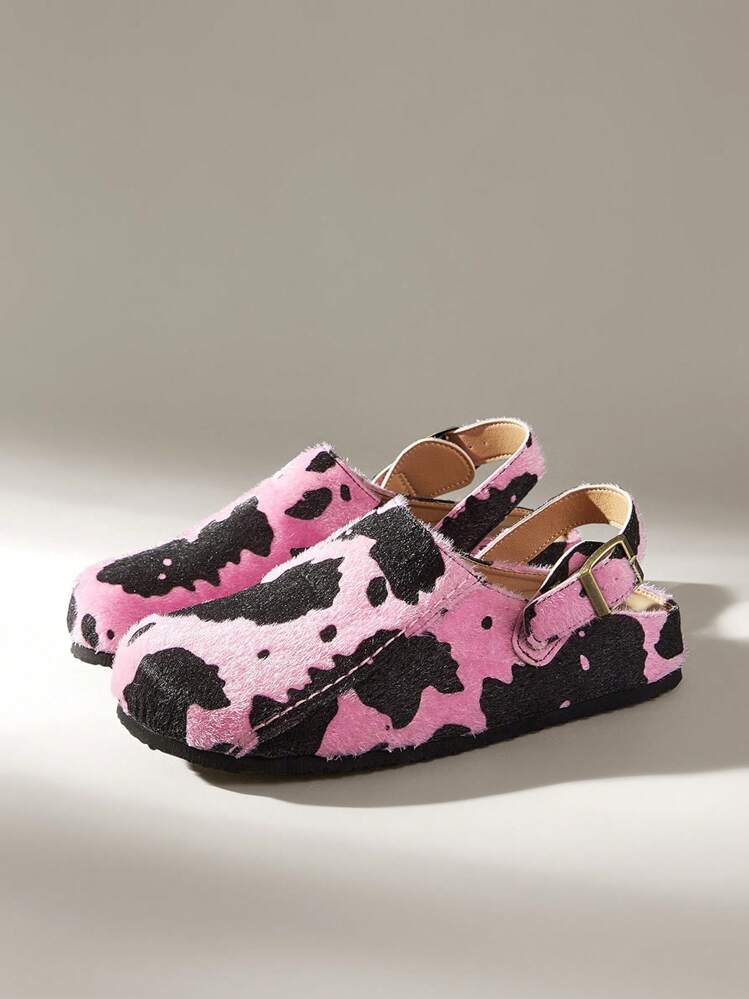 Sandalias planas tipo slides con correa ajustable y estampado de vaca para mujer - Rosa - Añade 2