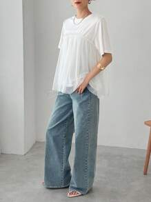 FRIFUL 女士宽松圆领网眼拼布大下摆纯色T恤 - 白色 - 查看 2