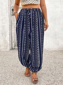 SHEIN VCAY 大码几何印花抽绳腰休闲哈伦裤 - 藍色 - 查看 6