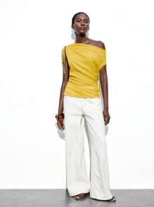 Maija 2025 Autumn/Winter New Yellow Ruched Drawstring Tie Bow Asymmetric Cutout Shoulder Design Sleeveless Blouse, Fashion Casual Elegant Versatile For Business, Party, Beach, Wedding Guest, Everyday, Y2K Retro Style - Yellow - View 3