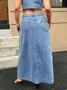 SHEIN ICON Plus Size Distressed Wash Blue Loose Slit Denim A-Line Skirt - Blue - View 2