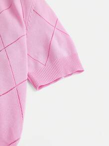 BizChic Women's Autumn Lavender Purple Polo Collar Diamond Knit Short Sleeve Pullover Sweater, Basic Minimalist Elegant Business Casual Office Wear - Pink - View 10