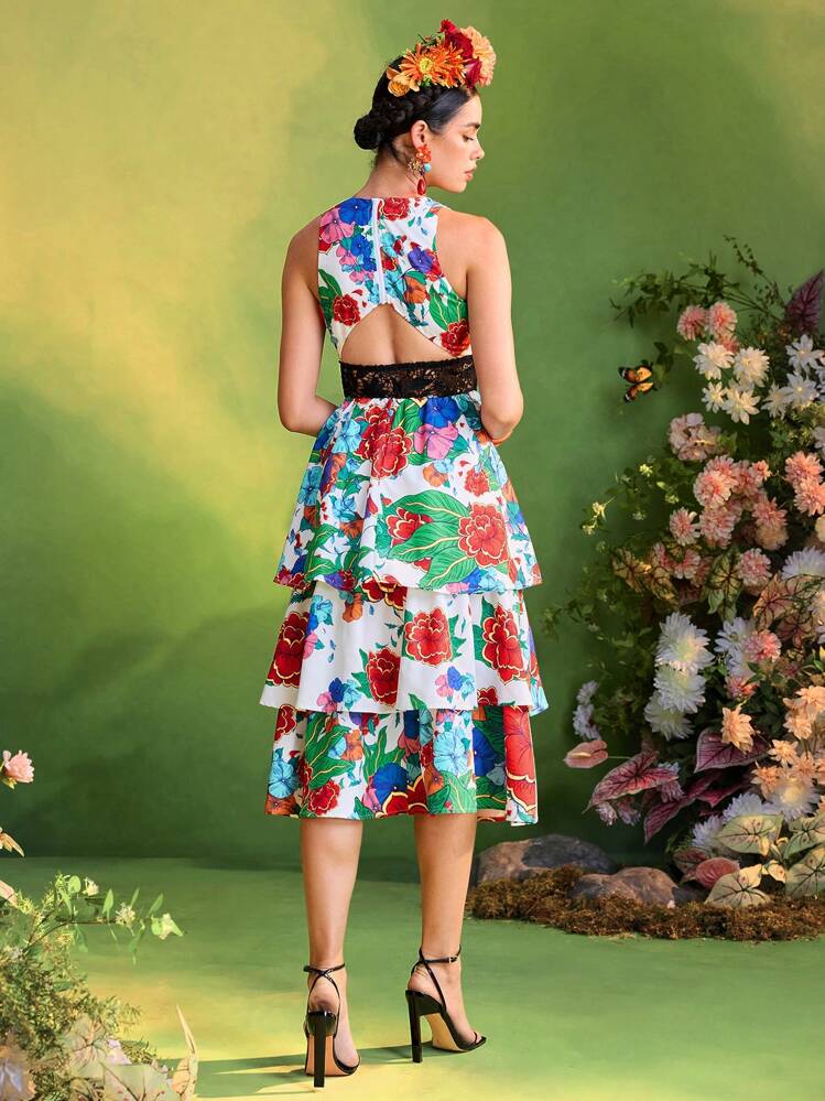 Redefinition Frida Kahlo X SHEIN X Designer Floral Print Lace Cut Out Layered Sleeveless Midi Dress For Women Summer Vacation Holiday - Multicolor - View 2