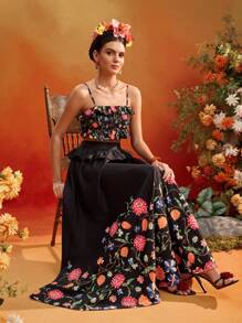 Frida Kahlo X SHEIN X Designer Oxana Black Floral Print Ruffle Waist Flowy A-Line Elegant Skirt For Women Holiday Summer
