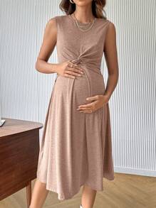 SHEIN Maternity Simple Plain Color Twist Waist Sleeveless Nursing Dress, Casual Summertime - Khaki - View 3