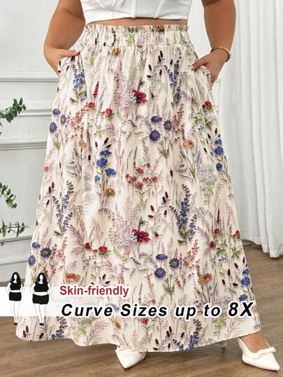 SHEIN CURVE+ Gonna casual con stampa floreale, stile campagnolo, taglie comode