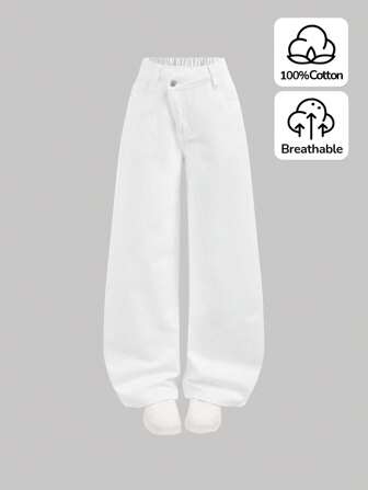 SHEIN Jeans larges vintage amples en denim lavé asymétrique à la taille pour filles années 2000, vêtements d'automne pour filles, tenues pour la rentrée scolaire