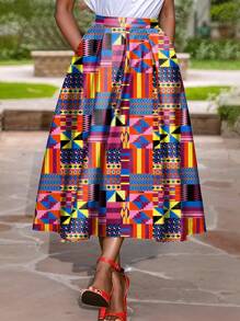 SHEIN LUNE Plus Size Women Geometric Print Tie Waist Maxi Casual Skirt, Vacation Wear - Multicolor - View 1