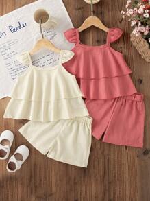 Set de 2 piezas de atuendo de verano para niña joven, blusa con mangas cortas y volantes, y shorts rectos de pierna, conjunto de verano casual y elegante