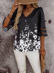 SHEIN LUNE 女式度假衬衫 女式海滩装 女式商务休闲装 女式外出上衣 女式乡村音乐会外出上衣 女式夏装 可爱夏季上衣 女式夏季上衣 女式V领衬衫 女式花卉印花衬衫 透明袖上衣 女式黑白上衣 - 黑色 - 查看 3