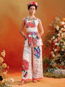 KATHARSIS Frida Kahlo X SHEIN X Designer Summer Floral Printed High-Waist Flared Wide Leg Long Pants With Frill Trim - Multicolor - View 3