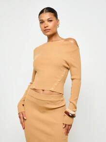 AiiRZ Débardeur côtelé tricoté à épaules dénudées avec détail de bouton. Manches longues ajustées, récolte. Style hivernal automnal, casual et élégant classique - Tabac - Voir 1