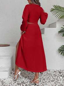 EURMUSE Combinaison femme avec nœud papillon croisé et encolure plongeante, avec fente haute. Ensemble romantique de 2 pièces pour les vacances - Rouge - Voir 2
