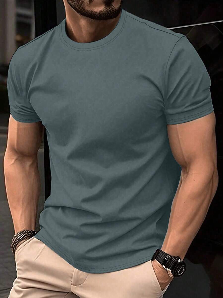 Manfinity Homme Camiseta de manga corta casual y versátil de unicolor talla grande para hombre, de verano - Verde - Ver 1