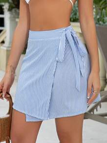 Swim Vcay Minigonna casual da donna estiva da spiaggia, a righe bianche e blu, carino copri-costume per le vacanze
