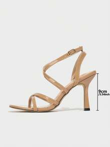 CUCCOO SZL 女士尖头性感漆皮 PU 交叉扣带罗马派对细高跟凉鞋 - 卡其色 - 查看 2