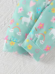 SHEIN Bộ đồ ngủ thường ngày 2 món họa tiết kỳ lân, cầu vồng, trái tim, hoa dễ thương cho bé gái màu xanh lá cây - màu xanh lá - Xem 3