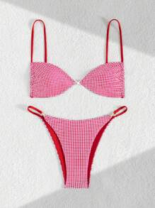 Swim Mod 2 件套女士性感波尔卡圆点印花金色配饰细肩带短款上衣和比基尼泳装套装，夏季 - 紅色 - 查看 5