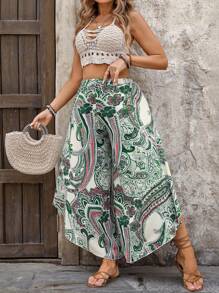 Breezaya Plus Size Women Cashew Flower Asymmetrical Hem Wide Leg Summer Pants - Green - View 1