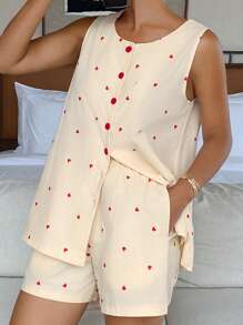 DAZY Set de pijama para mujer con top sin mangas de color contrastante con estampado de corazón + shorts - Beis - Ver 6