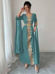Chiquease Abaya stile mediorientale con patchwork, vestaglia con maniche extra lunghe per donna, vestito lungo con orlo in pizzo a tinta unita