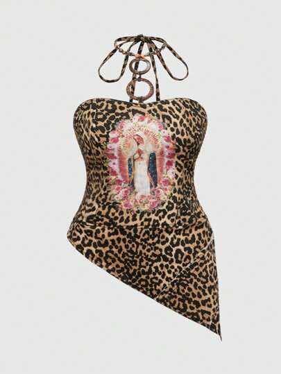 Plus Size Y2K Madonna & Leopard Print Distressed Asymmetrical Hem Vintage Denim Top