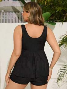 SHEIN Swim Curve Plus Size Women Ribbed Top With Bow And Ruffle Hem Paired With Hipster Bottoms Luxury Beach Swimsuit Set For Summer Beach Vacation