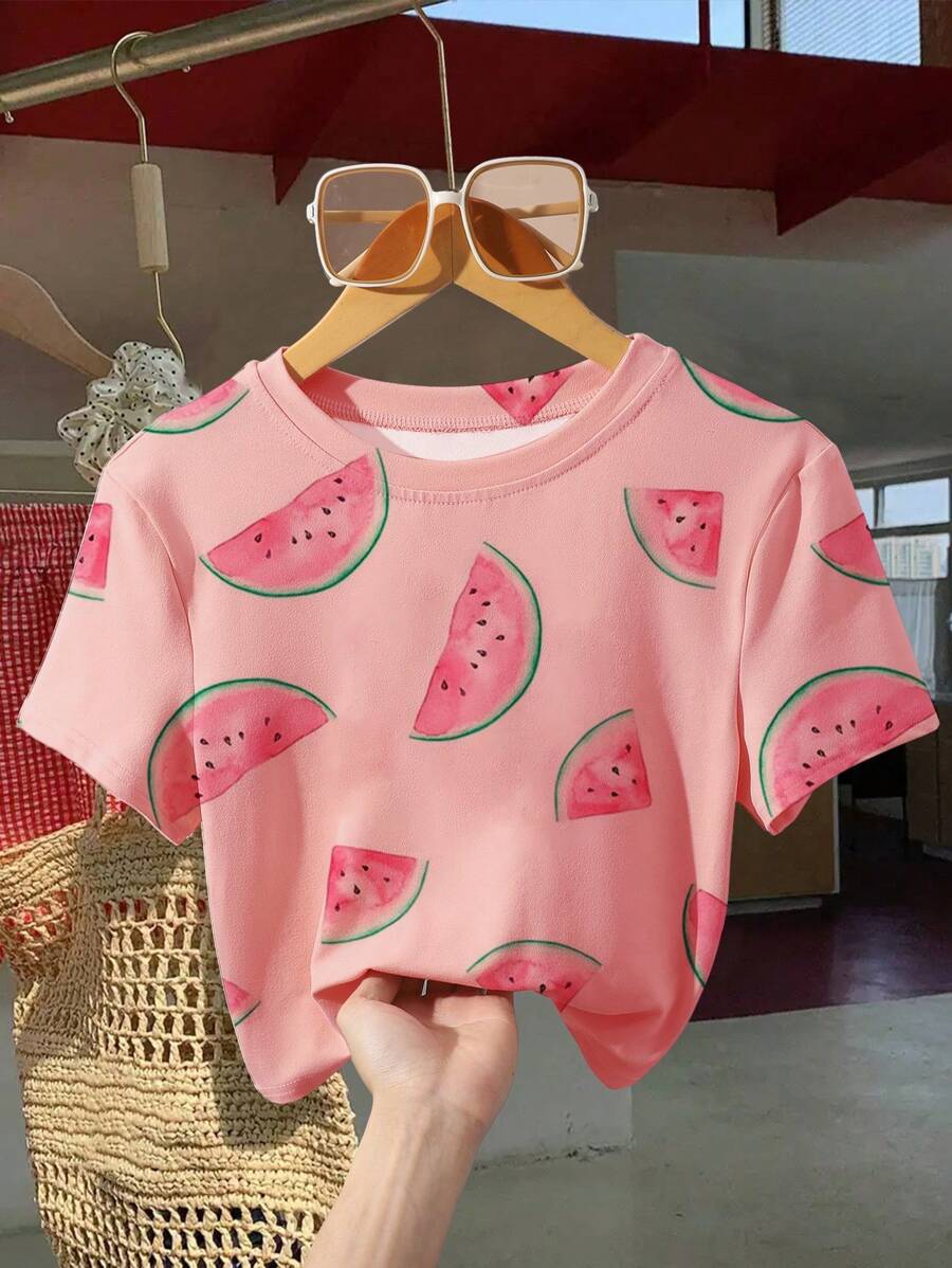 Watermelon Print Crop Tee, Casual & Breathable For Summer - Pink - View 1