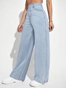 SHEIN Vaqueros rectos de talle alto con efecto desgastado casual - Azul - Ver 3