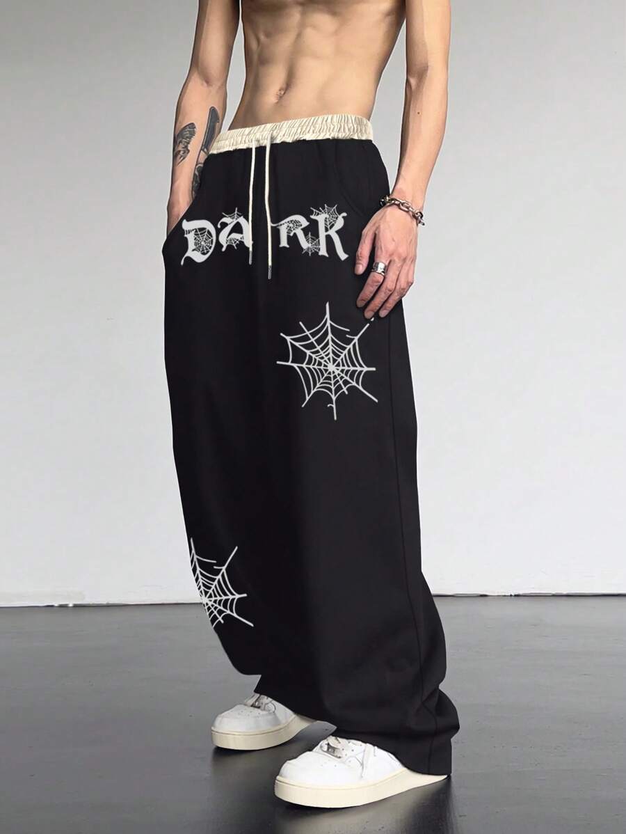 Manfinity EMRG Men Letter Graphic Drawstring Waist Slant Pocket Sweatpants Gothic Pants - Black - View 1