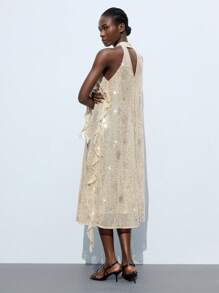 Maija 女士多色串珠刺绣图案宽松舒适透明面料露背无袖V领荷叶边镂空设计优雅知性女装浪漫别致法式自由放任高端优雅老钱氛围邮轮装西式度假连衣裙 - 杏色 - 查看 7